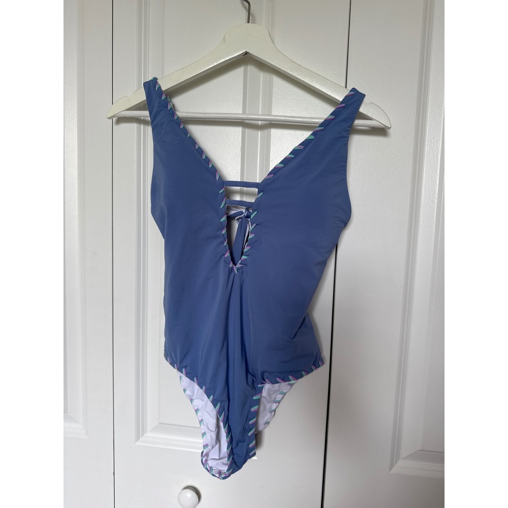 BECCA by Rebecca Virtue Blue Whipstitch One Piece Swimsuit V-Neck Keyhole Small